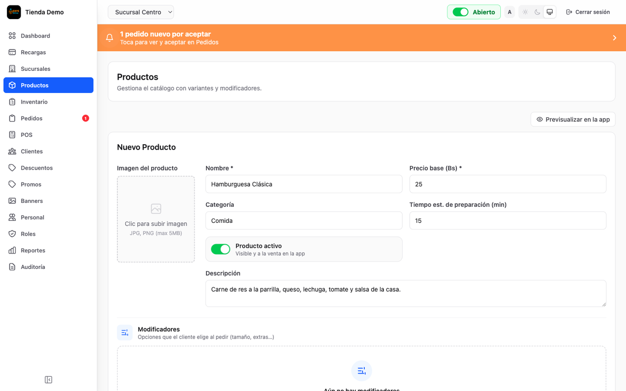 Formulario de nuevo producto con nombre, precio base, categoría, tiempo de preparación, interruptor Producto activo, descripción e imagen
