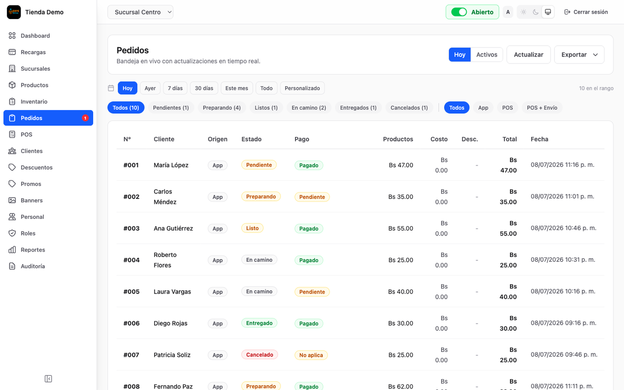 Bandeja de pedidos en vivo con filtros por estado: pendiente, preparando, listo, en camino y entregado