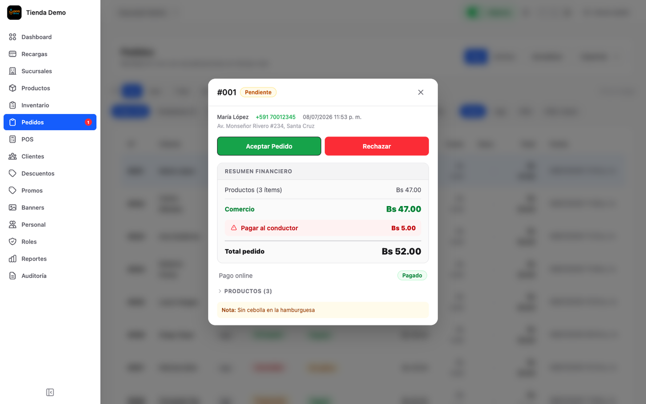 Detalle de un pedido pendiente con los botones para aceptar o rechazar, el resumen financiero y la nota del cliente