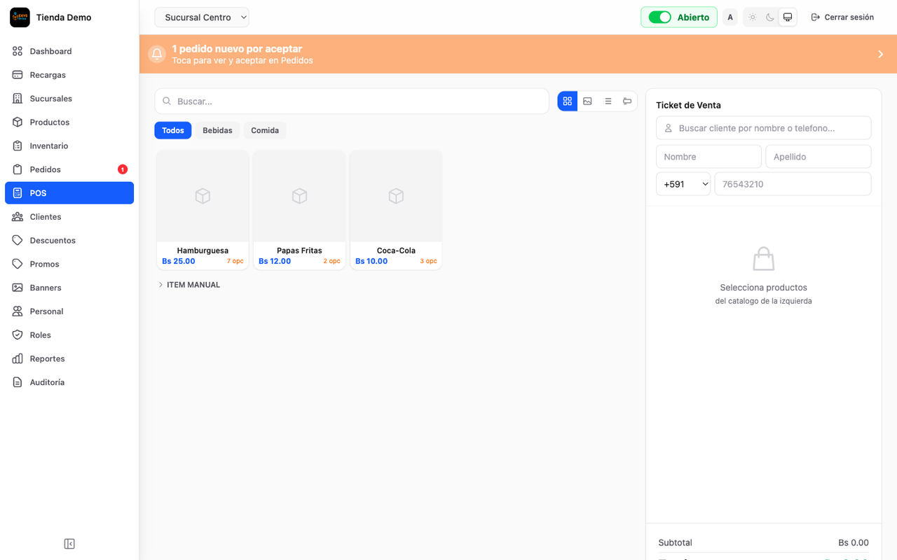 Punto de venta del panel con el catálogo de productos y el ticket para registrar pedidos manuales